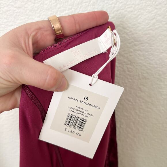 [Rachel Parcell] Maroon Floral Velvet Puff Sleeve Ruffle Mini Dress NWT Size 10 - Picture 11 of 12